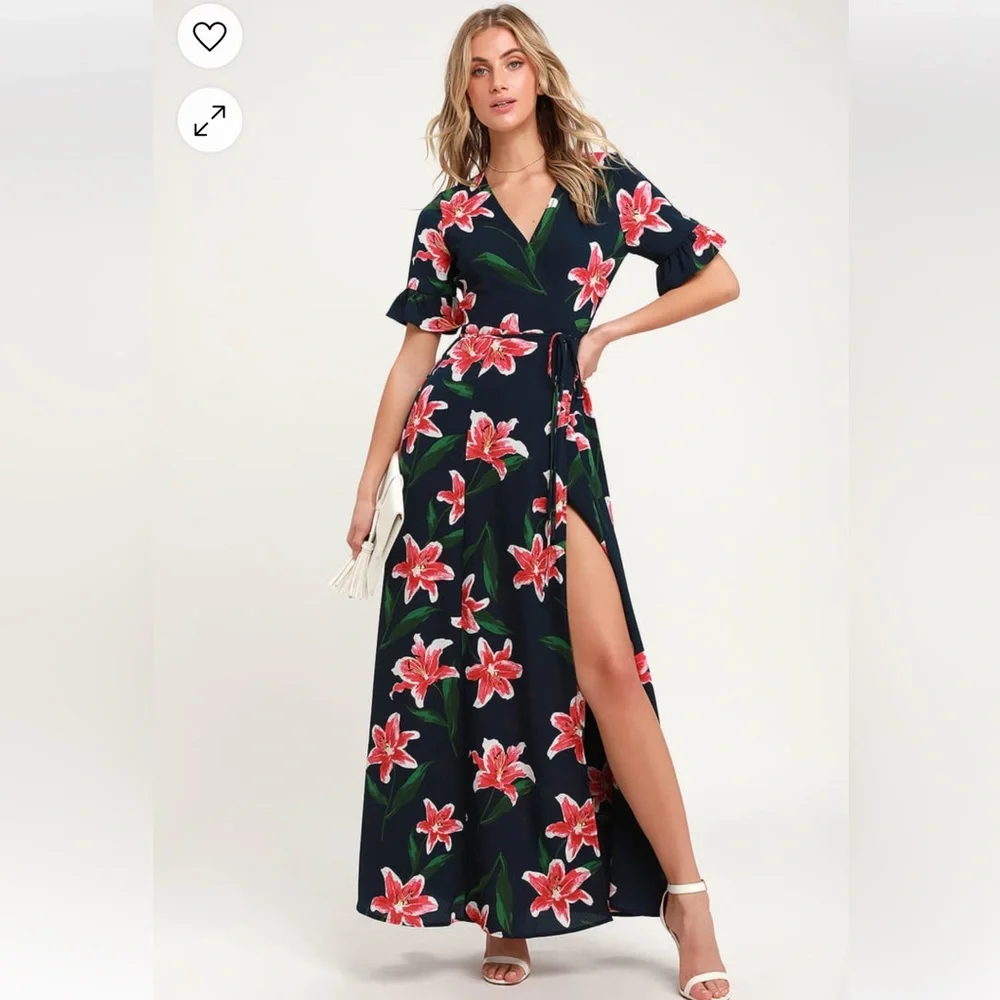 Lulu’s Stargazer Lily Navy Blue Floral Print Maxi Wrap Dress Size Med - Picture 1 of 8